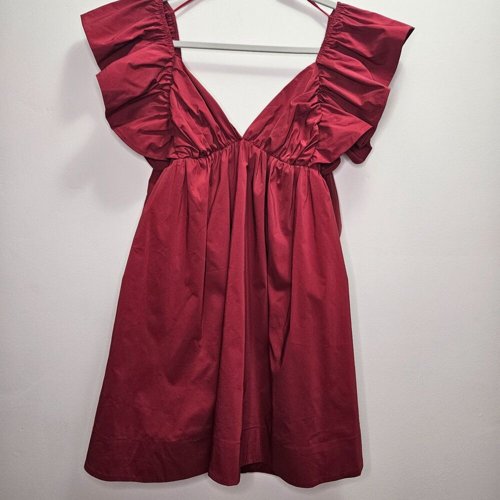 NWT Day+Moon Womens S Red Crimson Dress Game Day Ruffle Short Sleeve Swing Dress
